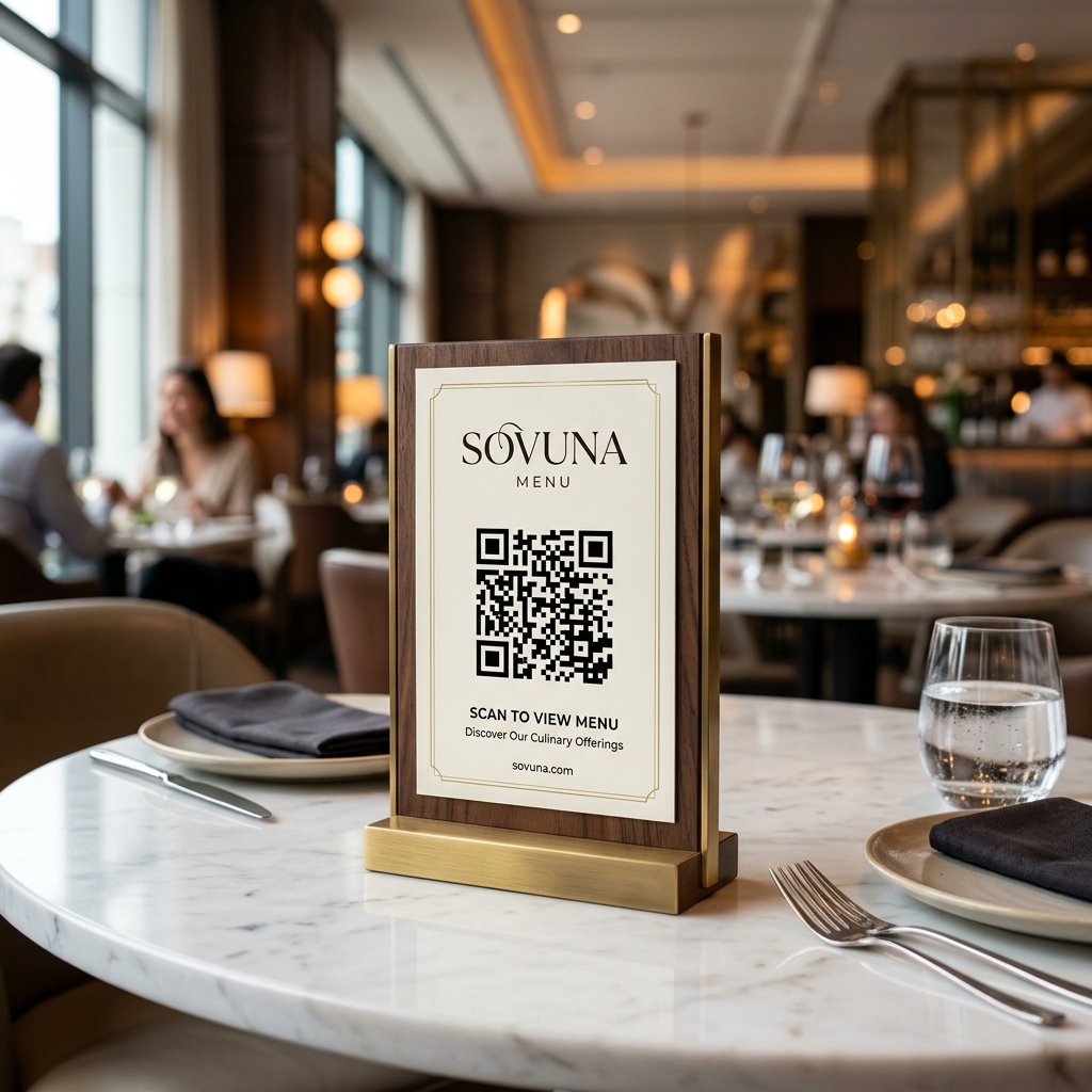 Sovuna QR Kod Masa Üstü Ahşap Stand Mockup